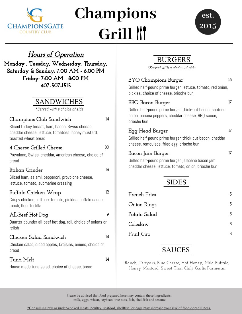 Golf Grill Menu 1